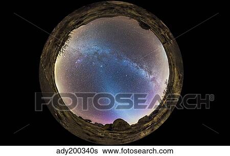 Stock Photograph - Fish-eye panorama of Milky Way and zodiacal light over New Mexico.. Fotosearch