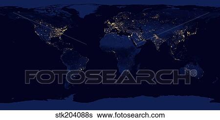 Flat map of Earth showing city lights of the world at night. View Large Photo Image Stock Photograph - Flat map of Earth showing city lights of the world at night.. Fotosearch
