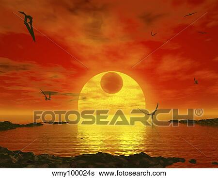 Flying life forms grace the crimson skies of the earth-like extrasolar planet Gliese 581 c. View Large Illustration Stock Illustration - Flying life forms grace the crimson skies of the earth-like extrasolar planet Gliese 581 c.. Fotosearch