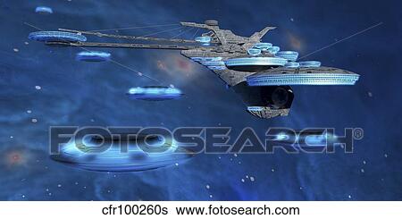 Flying saucers come back to a spaceport in space. View Large Illustration Stock Illustration - Flying saucers come back to a spaceport in space.. Fotosearch