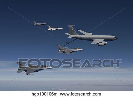 Four F-16's and a KC-135 fly in formation over Arizona. View Large Photo Image Picture - Four F-16's and a KC-135 fly in formation over Arizona.. Fotosearch