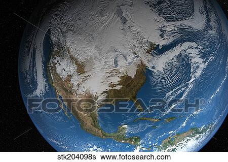 Stock Photograph - Ful Earth showing simulated clouds over North America.. Fotosearch