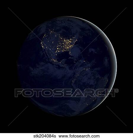 Stock Photograph - Full Earth at night showing city lights of the Americas.. Fotosearch