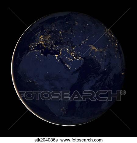 Stock Photograph - Full Earth showing city lights of Africa, Europe, and the Middle East.. Fotosearch