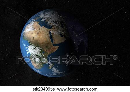 Stock Photograph - Full Earth showing simulated clouds over Africa.. Fotosearch