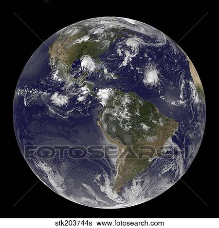 Stock Photograph - Full Earth showing tropical storms in the Atlantic Ocean.. Fotosearch