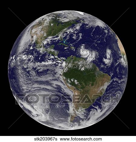 Stock Photograph - Full Earth showing two tropical storms forming in the Atlantic Ocean.. Fotosearch