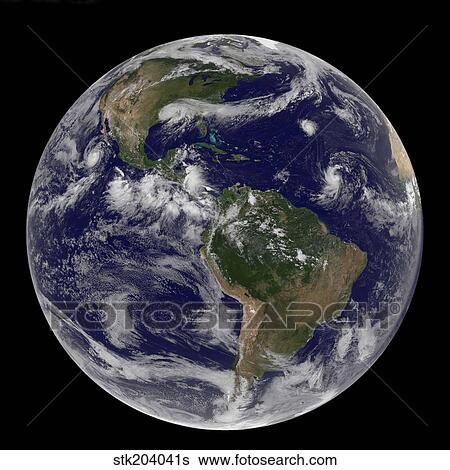 Stock Photograph - Full Earth showing various tropical storm systems.. Fotosearch