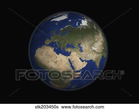 Stock Photograph - Full Earth view showing Africa, Europe, the Middle East, and India.. Fotosearch