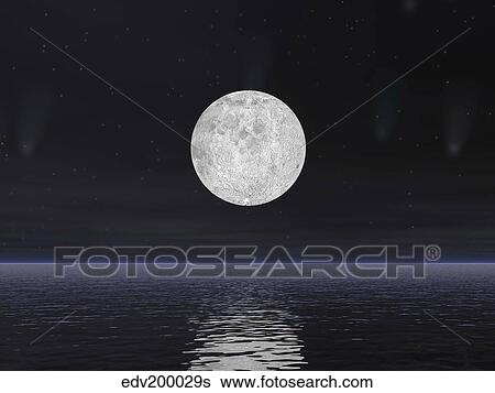 Stock Illustration - Full moon on a dark night with stars and comets over the ocean.. Fotosearch