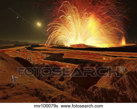 Stock Illustration - Future astronauts observe an eruption on Io, Jupiter's super-volcanic moon.. Fotosearch