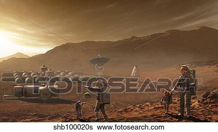 Future Mars colonists playing with children on Mars, a place they call home. View Large Illustration Stock Illustration - Future Mars colonists playing with children on Mars, a place they call home.. Fotosearch