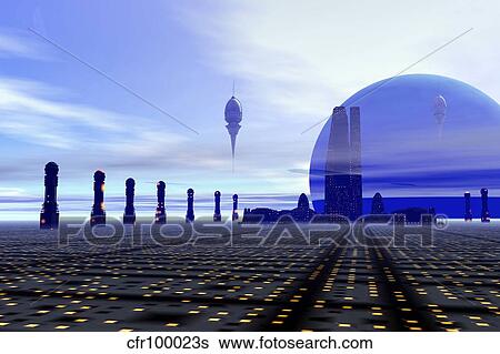 Futuristic city on a planet at the edge of the Milky Way. View Large Illustration Stock Illustration - Futuristic city on a planet at the edge of the Milky Way.. Fotosearch
