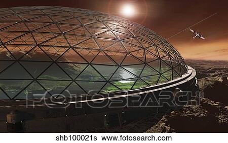 Stock Illustration - Futuristic concept of Gale Crater enclosed in a protective dome to create an ecosphere.. Fotosearch