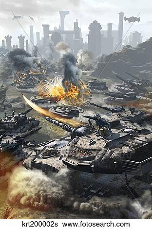 Futuristic hover tank assaulting a distant city. View Large Illustration Stock Illustration - Futuristic hover tank assaulting a distant city.. Fotosearch