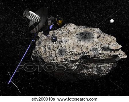 Stock Illustration - Galileo spacecraft discovering asteroid 243 Ida and its moon, Dactyl.. Fotosearch