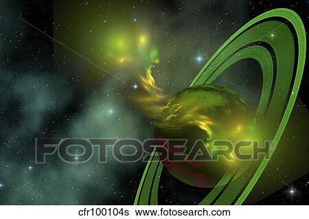 Gaseous flares intertwine as a storm hits a planet with rings. View Large Illustration Stock Illustration - Gaseous flares intertwine as a storm hits a planet with rings.. Fotosearch