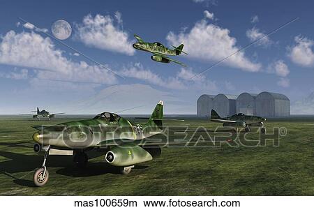 Stock Illustration - German Messerschmitt Me 262 jetfighters at an airfield in Germany.. Fotosearch