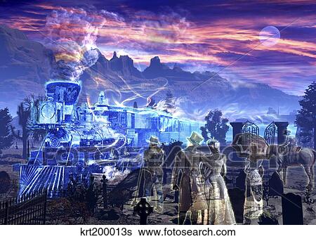 Ghost train picking up some ghosts at a graveyard. View Large Illustration Stock Illustration - Ghost train picking up some ghosts at a graveyard.. Fotosearch