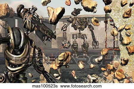 Giant robots demolishing old neglected buildings. View Large Illustration Stock Illustration - Giant robots demolishing old neglected buildings.. Fotosearch