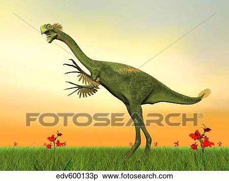 Gigantoraptor dinosaur on green grass by sunset. View Large Illustration Stock Illustration - Gigantoraptor dinosaur on green grass by sunset.. Fotosearch