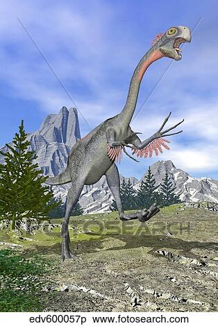 Gigantoraptor dinosaur running in the mountains. View Large Illustration Stock Illustration - Gigantoraptor dinosaur running in the mountains.. Fotosearch
