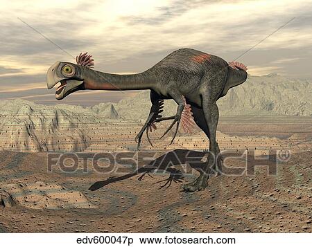 Gigantoraptor dinosaur walking on rocky terrain. View Large Illustration Stock Illustration - Gigantoraptor dinosaur walking on rocky terrain.. Fotosearch
