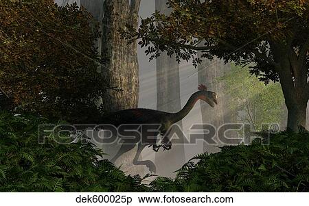 Gigantoraptor in a dense prehistoric forest. View Large Illustration Stock Illustration - Gigantoraptor in a dense prehistoric forest.. Fotosearch