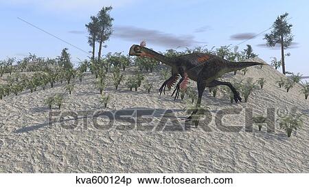 Gigantoraptor running across a prehistoric terrain. View Large Illustration Stock Illustration - Gigantoraptor running across a prehistoric terrain.. Fotosearch