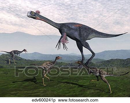 Gigantoraptor surrounded by small Mononykus dinosaurs. View Large Illustration Stock Illustration - Gigantoraptor surrounded by small Mononykus dinosaurs.. Fotosearch