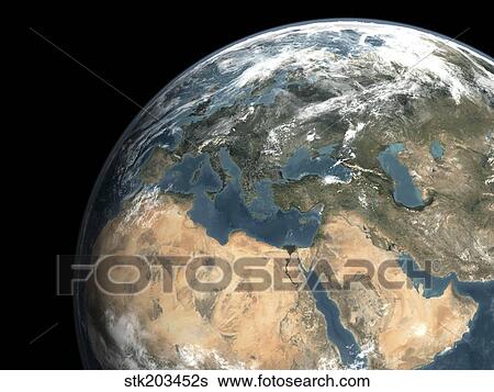 Stock Photograph - Global view of earth over Europe, Middle East, and northern Africa.. Fotosearch