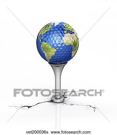 Stock Illustration - Golf ball with the texture of planet Earth placed on a tee.. Fotosearch