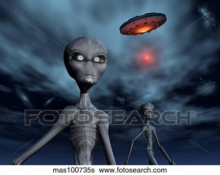 Stock Illustration - Grey Aliens and their flying saucer, visiting Earth.. Fotosearch