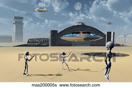 Grey Aliens and their flying saucers at Area 51. View Large Illustration Stock Illustration - Grey Aliens and their flying saucers at Area 51.. Fotosearch
