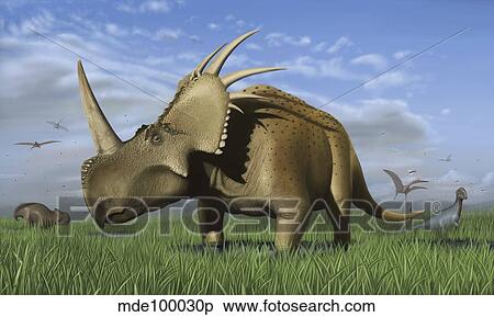 Group of dinosaurs grazing in a grassy field. View Large Illustration Stock Illustration - Group of dinosaurs grazing in a grassy field.. Fotosearch