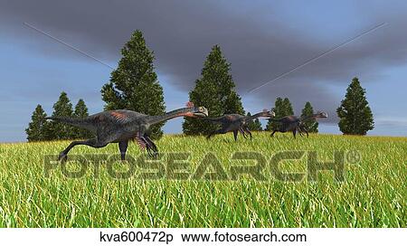 Group of Gigantoraptors running across an open field. View Large Illustration Stock Illustration - Group of Gigantoraptors running across an open field.. Fotosearch