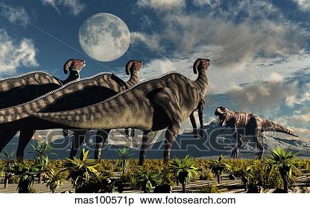 Hadrosaurid duckbill dinosaurs use soundwaves to defend a Tyrannosaurus Rex. View Large Illustration Stock Illustration - Hadrosaurid duckbill dinosaurs use soundwaves to defend a Tyrannosaurus Rex.. Fotosearch