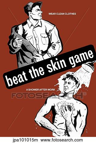 Stock Illustration - Health propaganda poster of a worker dressing in clean clothes and a man showering.. Fotosearch
