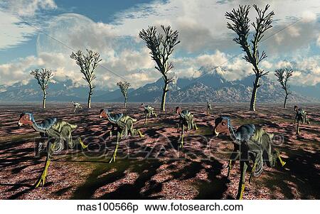 Herd of Caudipteryx displaying bird-like flocking motion. View Large Illustration Stock Illustration - Herd of Caudipteryx displaying bird-like flocking motion.. Fotosearch
