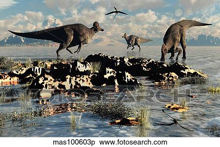 Herd of Corythosaurus duckbill dinosaurs grazing. View Large Illustration Stock Illustration - Herd of Corythosaurus duckbill dinosaurs grazing.. Fotosearch