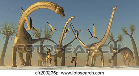 Stock Illustration - Herd of Diplodocus dinosaurs.. Fotosearch