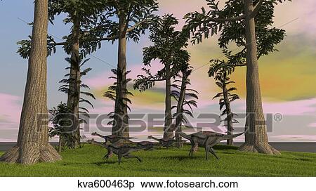 Herd of Gigantoraptors running across a grassy field. View Large Illustration Stock Illustration - Herd of Gigantoraptors running across a grassy field.. Fotosearch