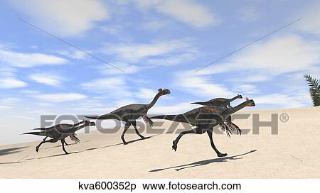 Stock Illustration - Herd of Gigantoraptors running across desert terrain.. Fotosearch