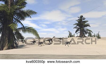 Stock Illustration - Herd of Gigantoraptors walking along the shore.. Fotosearch