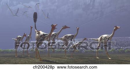 Stock Illustration - Herd of Mononykus followed by a flock of Pteranodons.. Fotosearch