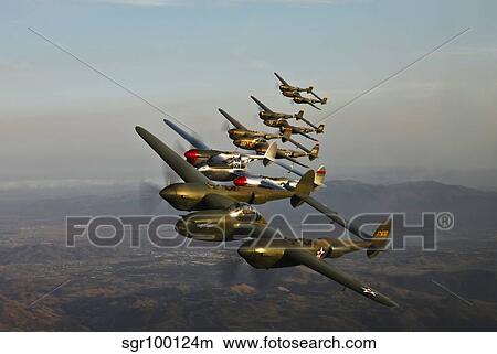 Historic flight of five Lockheed P-38 Lightnings. View Large Photo Image Picture - Historic flight of five Lockheed P-38 Lightnings.. Fotosearch