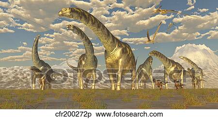 Stock Illustration - Hypsilophodon and pteranodon dinosaurs accompany a herd of Argentinosaurus.. Fotosearch