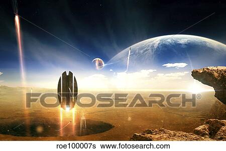 Idea taken from Star Trek. The project turns dead and lifeless planets into green earth-like habitats. View Large Illustration Stock Illustration - Idea taken from Star Trek. The project turns dead and lifeless planets into green earth-like habitats.. Fotosearch