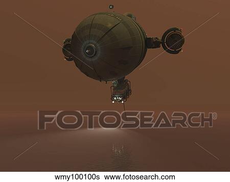Illustration of a blimp towing a sensor through liquid ethane on Titan. View Large Illustration Stock Illustration - Illustration of a blimp towing a sensor through liquid ethane on Titan.. Fotosearch