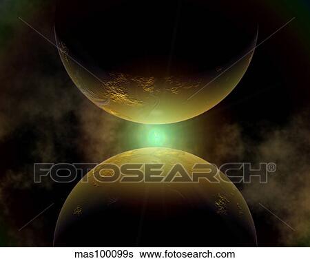 Illustration of a double sunrise on twin worlds. View Large Illustration Stock Illustration - Illustration of a double sunrise on twin worlds.. Fotosearch
